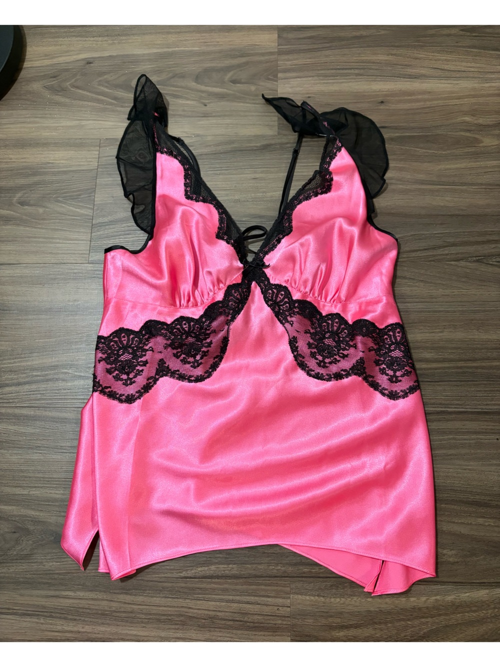 Betsey Johnson Hot Pink Satin Chemise with Black Lace